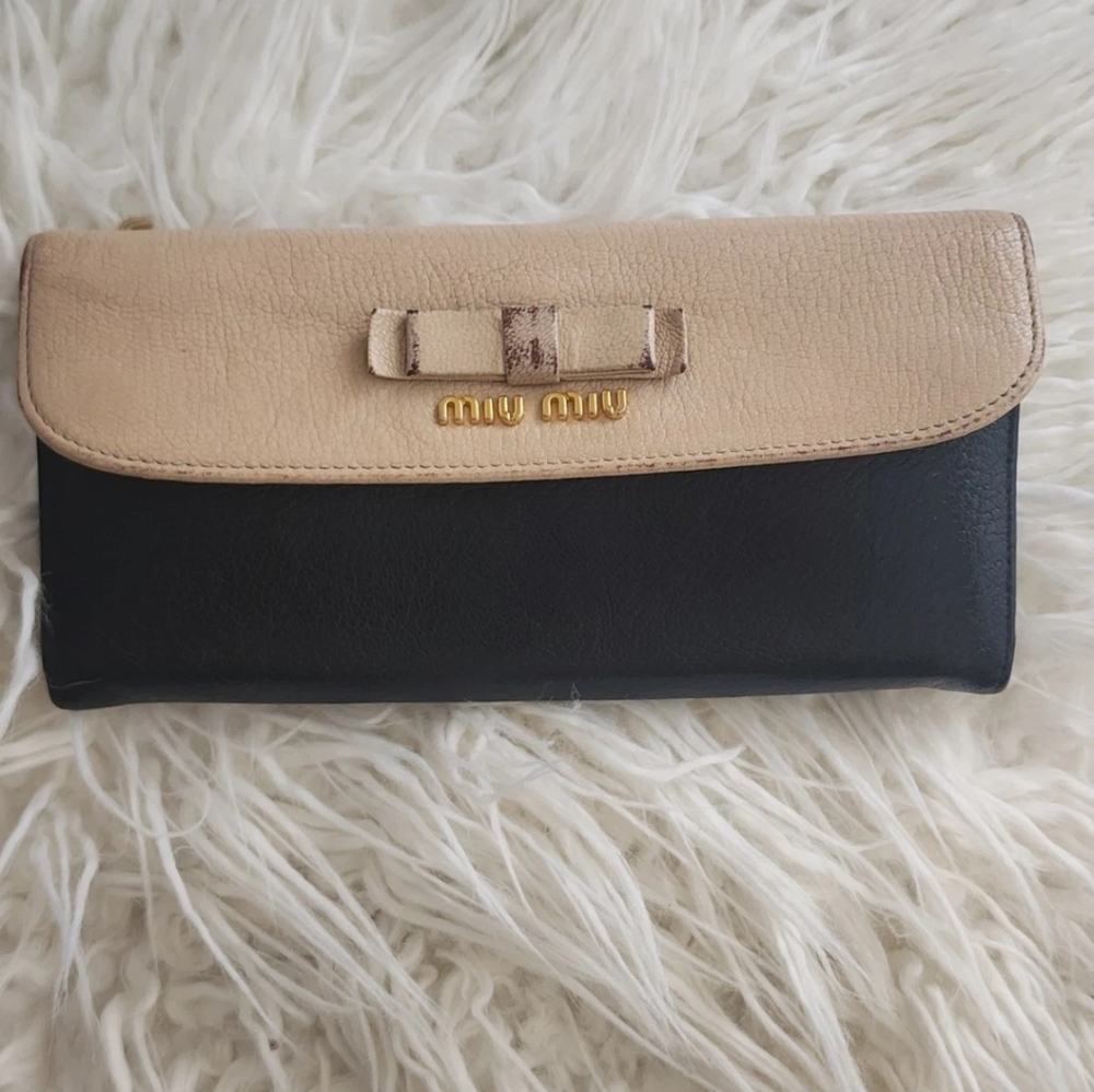 Miu Miu Beige and Black Leather Wallet Gold hardware Bow Long Envelope